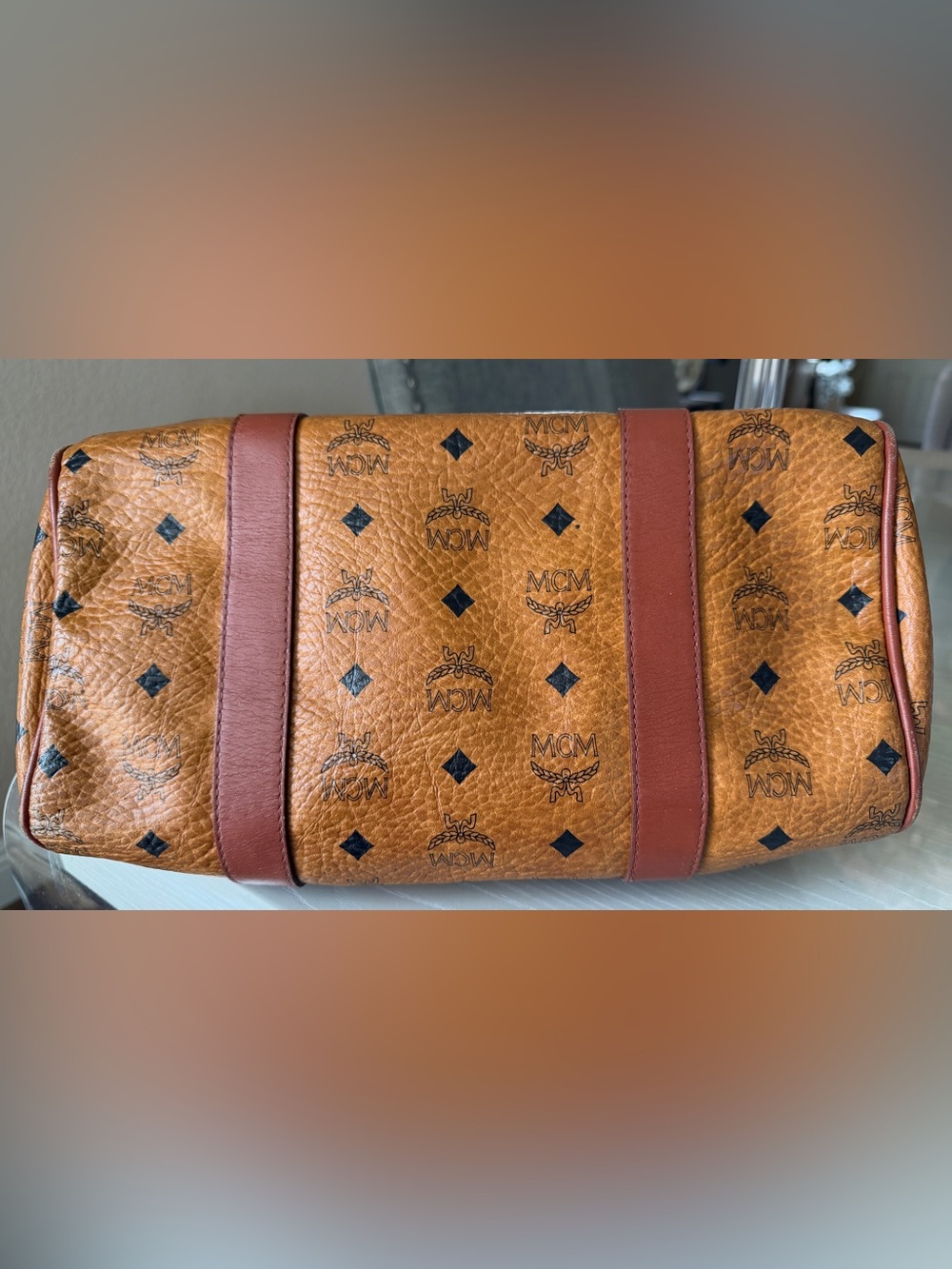 MCM Visetos Boston Speedy Satchel Bag – Cognac Brown Monogram Leather - Picture 9 of 15